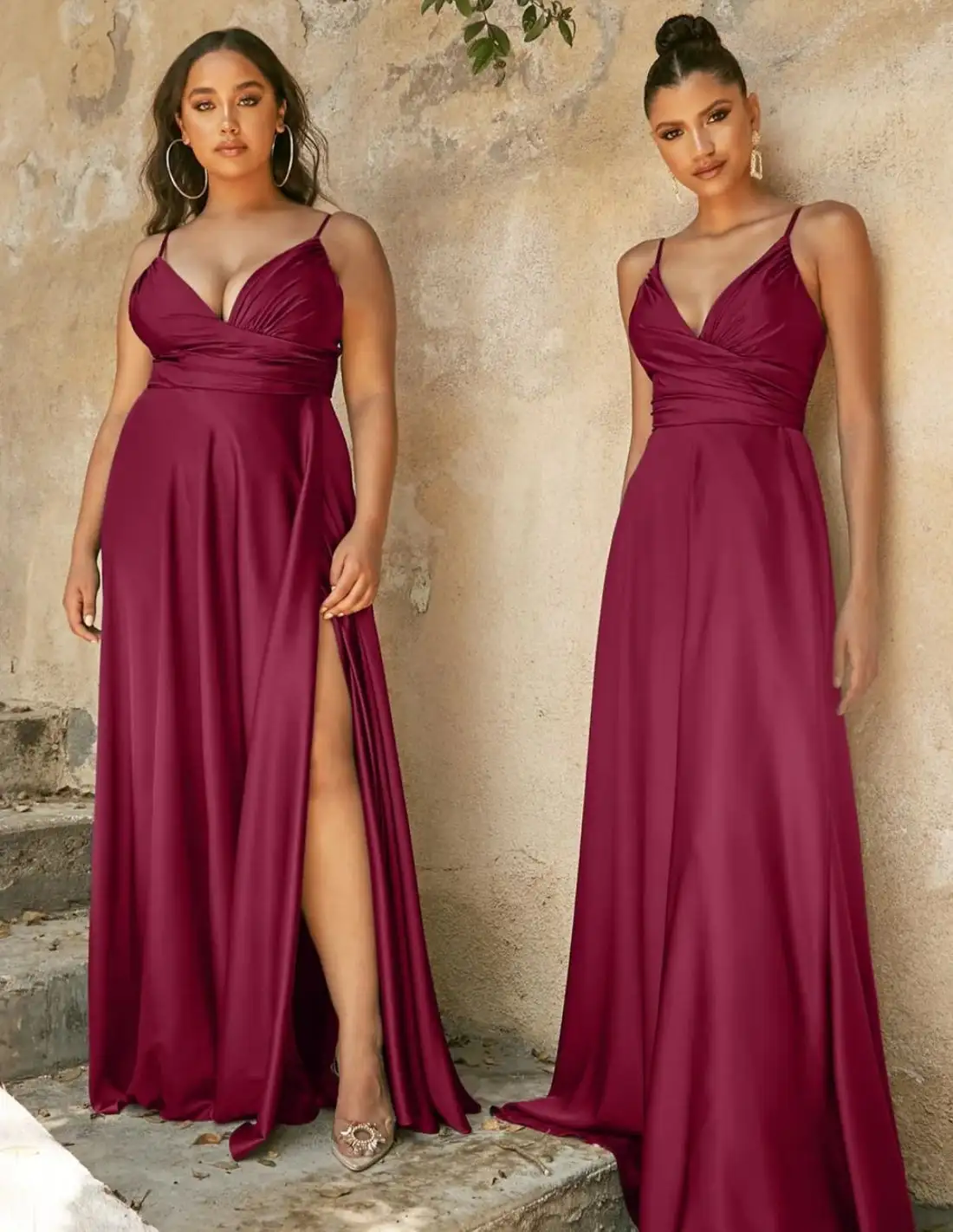 Vestido de fiesta largo satinado con abertura y tirante fino
