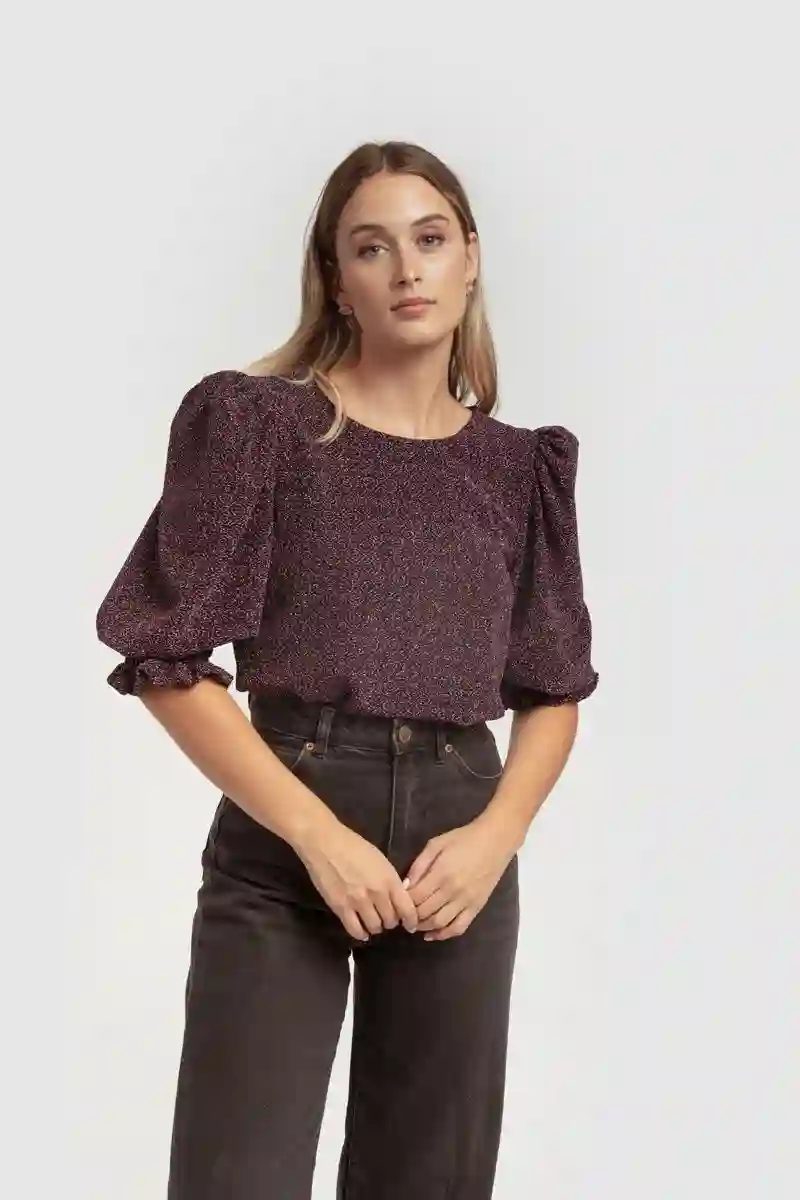 Black Lurex Blouse with bullged sleeves and flying detail