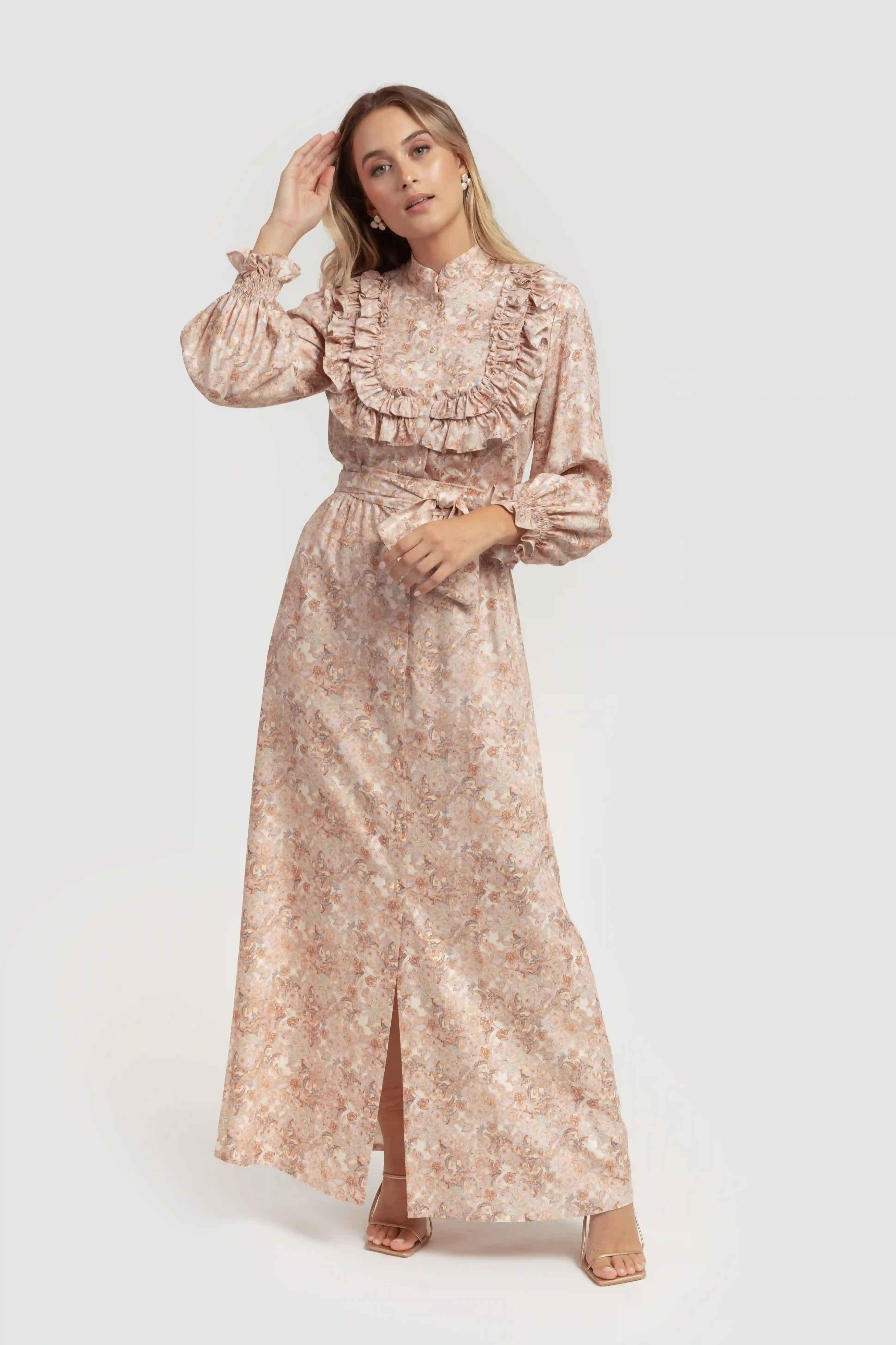 Rose floral print dress with flyers and long sleeves