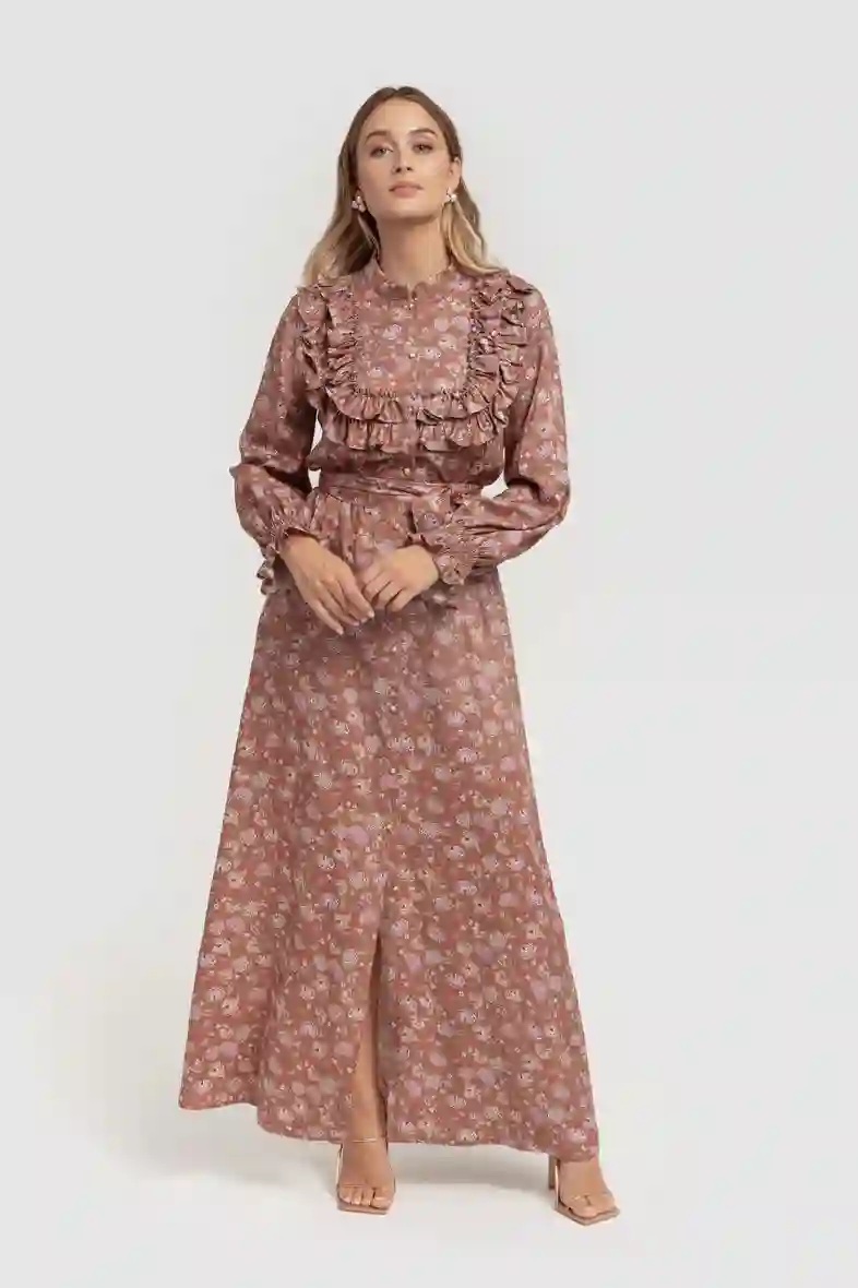 Brown floral print dress with flyers in the neckline