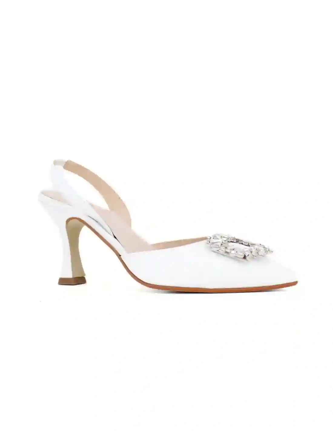 White heeled shoe dislocated with rhinestones