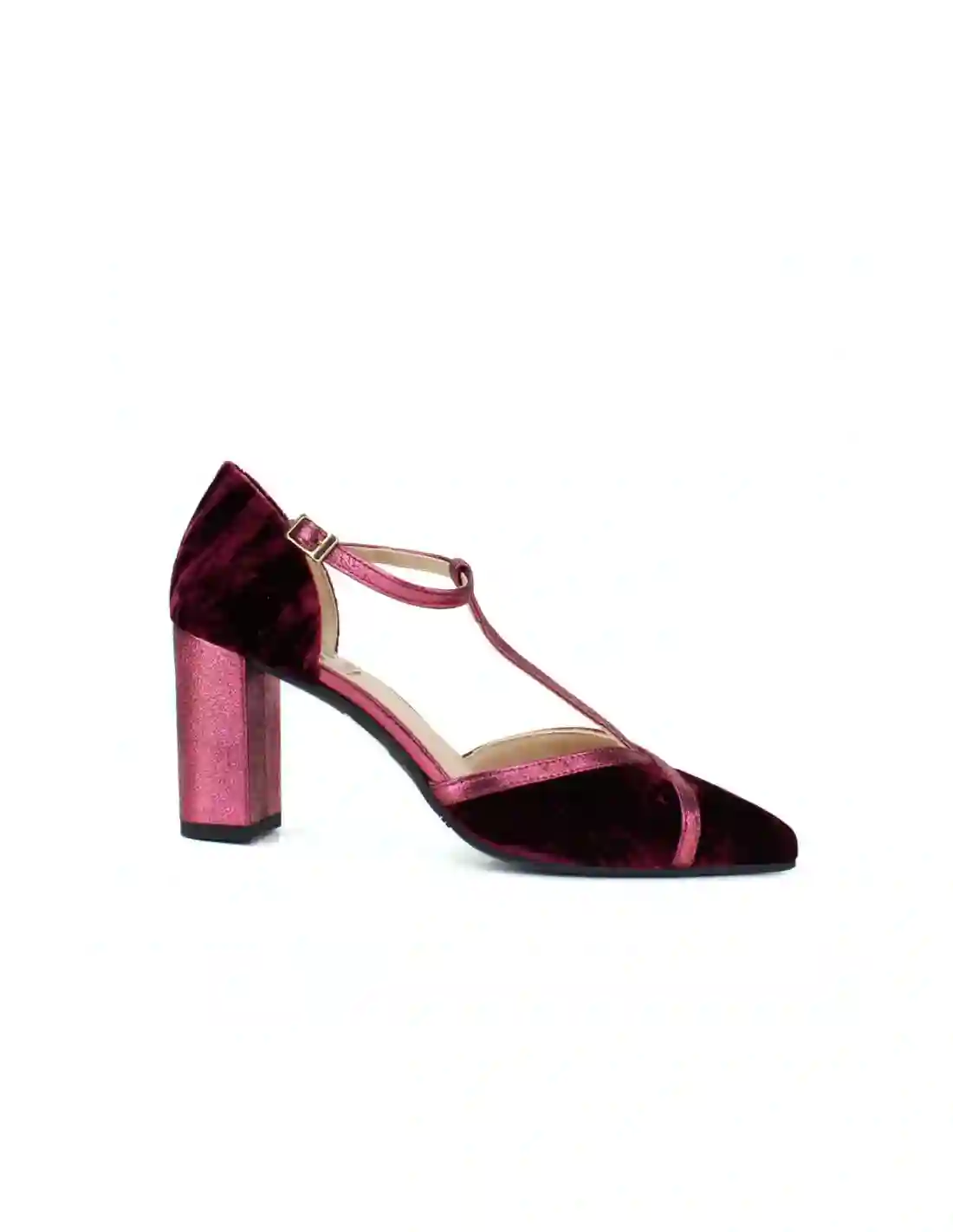 Bordeaux velvet heeled shoe with metallic strips