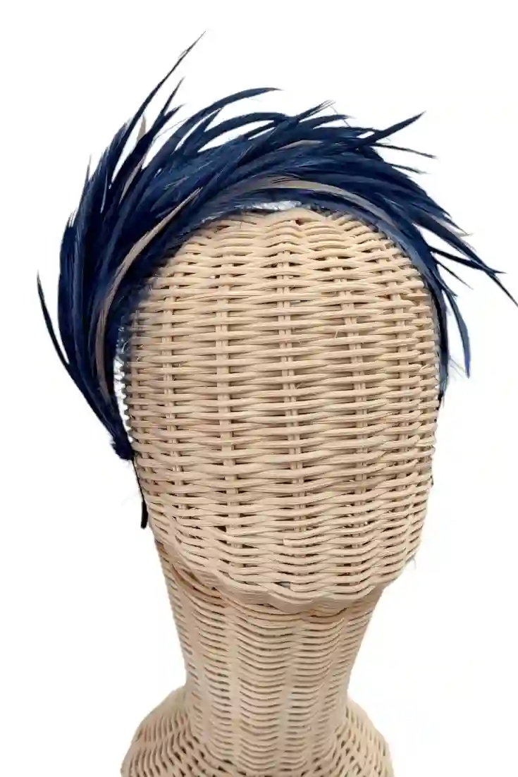 Artisanal headband with navy blue feathers