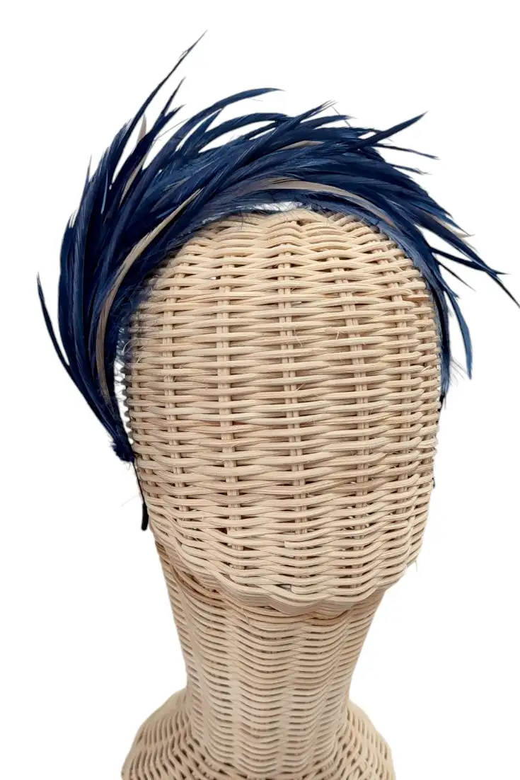 Artisanal headband with navy blue feathers