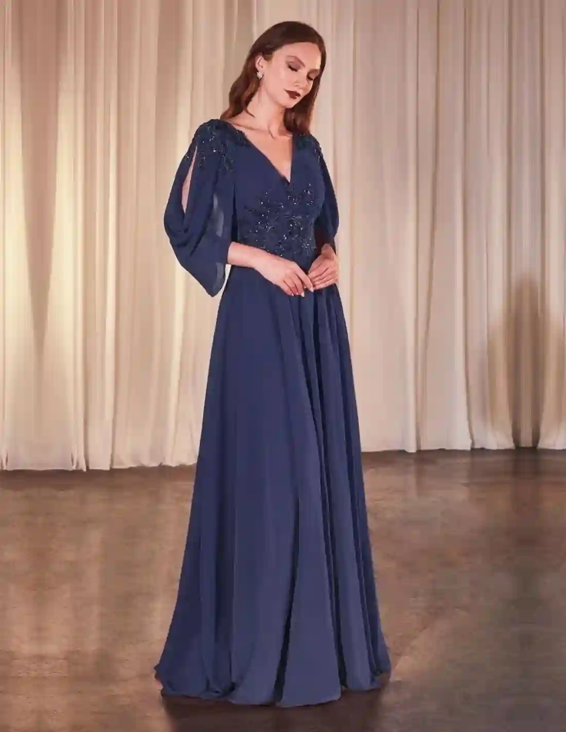 Long gauze guest dress with open sleeve and rhinestone detail