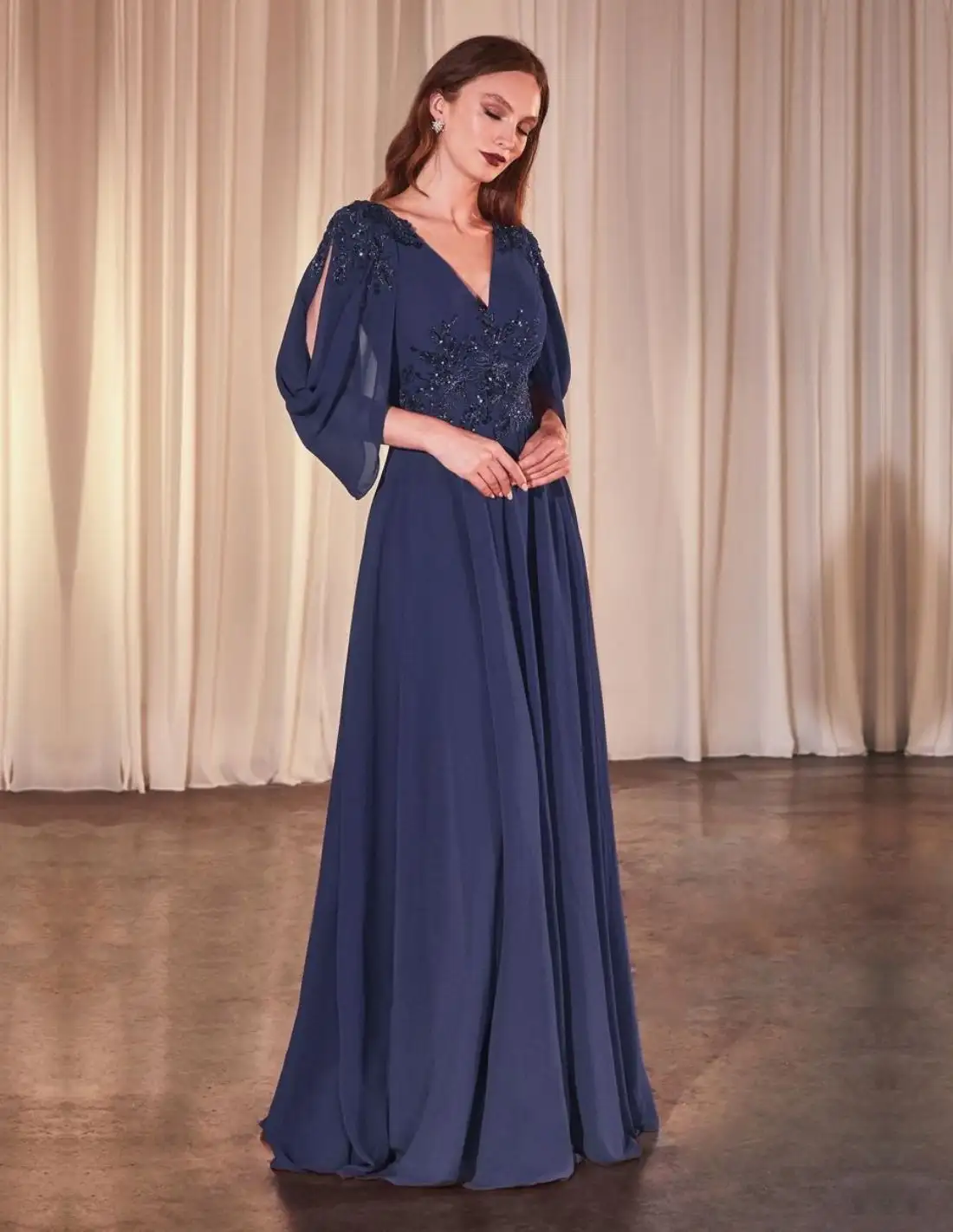 Long gauze guest dress with open sleeve and rhinestone detail
