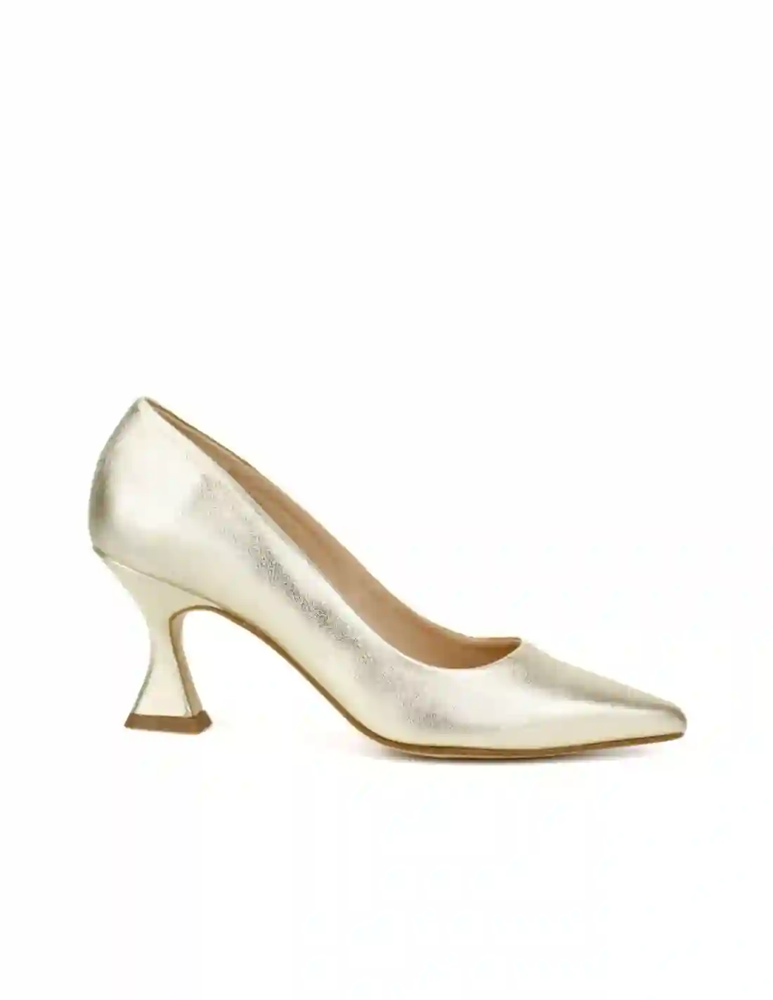 Metallized trapezoid -style heeled shoe
