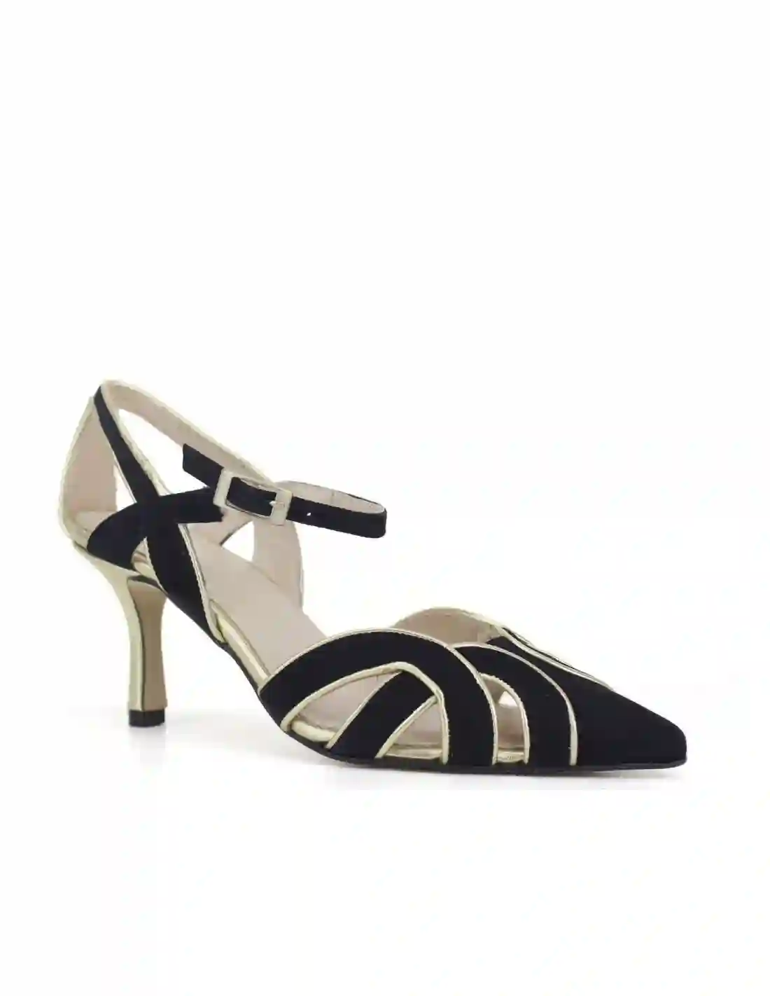 Zapatos de tacón bajo negro con detalles dorados