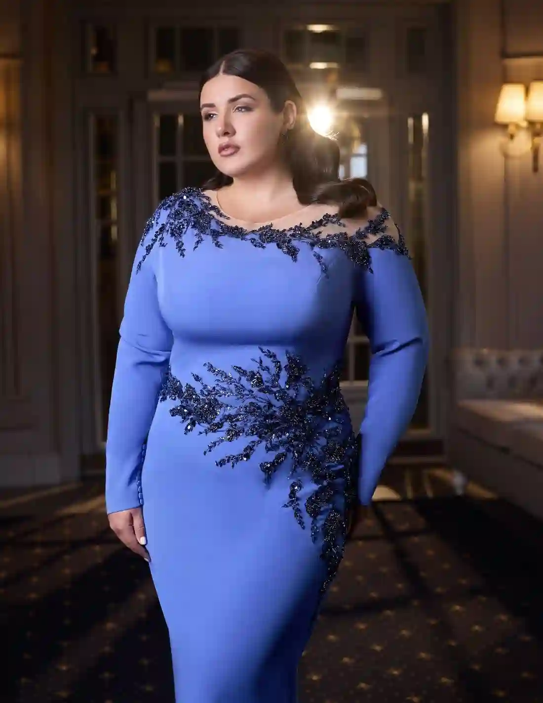Long party dress with asymmetric bodice and embroidery