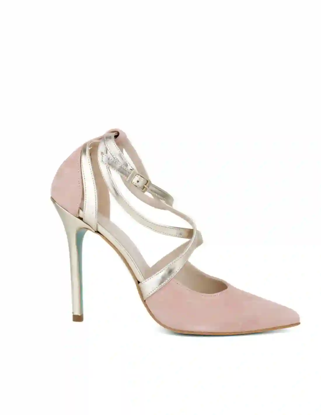 Zapato de tacón fino en ante rosa con tiras cruzadas