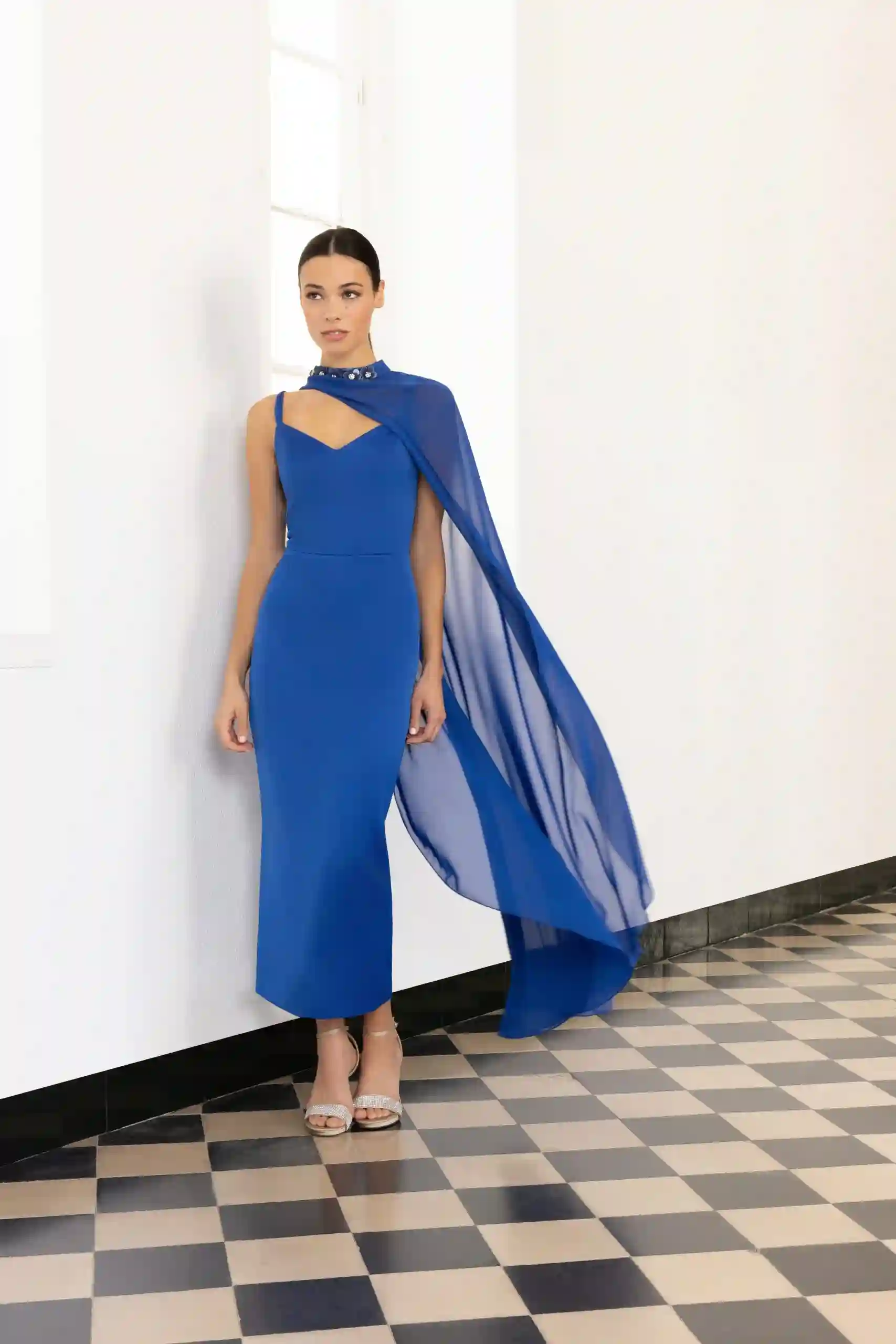 Lingerie party midi dress with cape and rhinestones