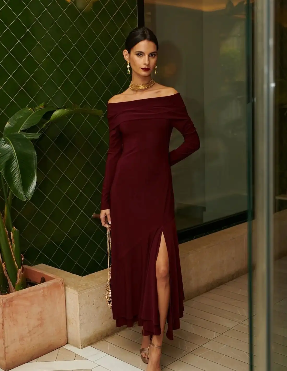 Midi party dress with an asymmetric boat and skirt