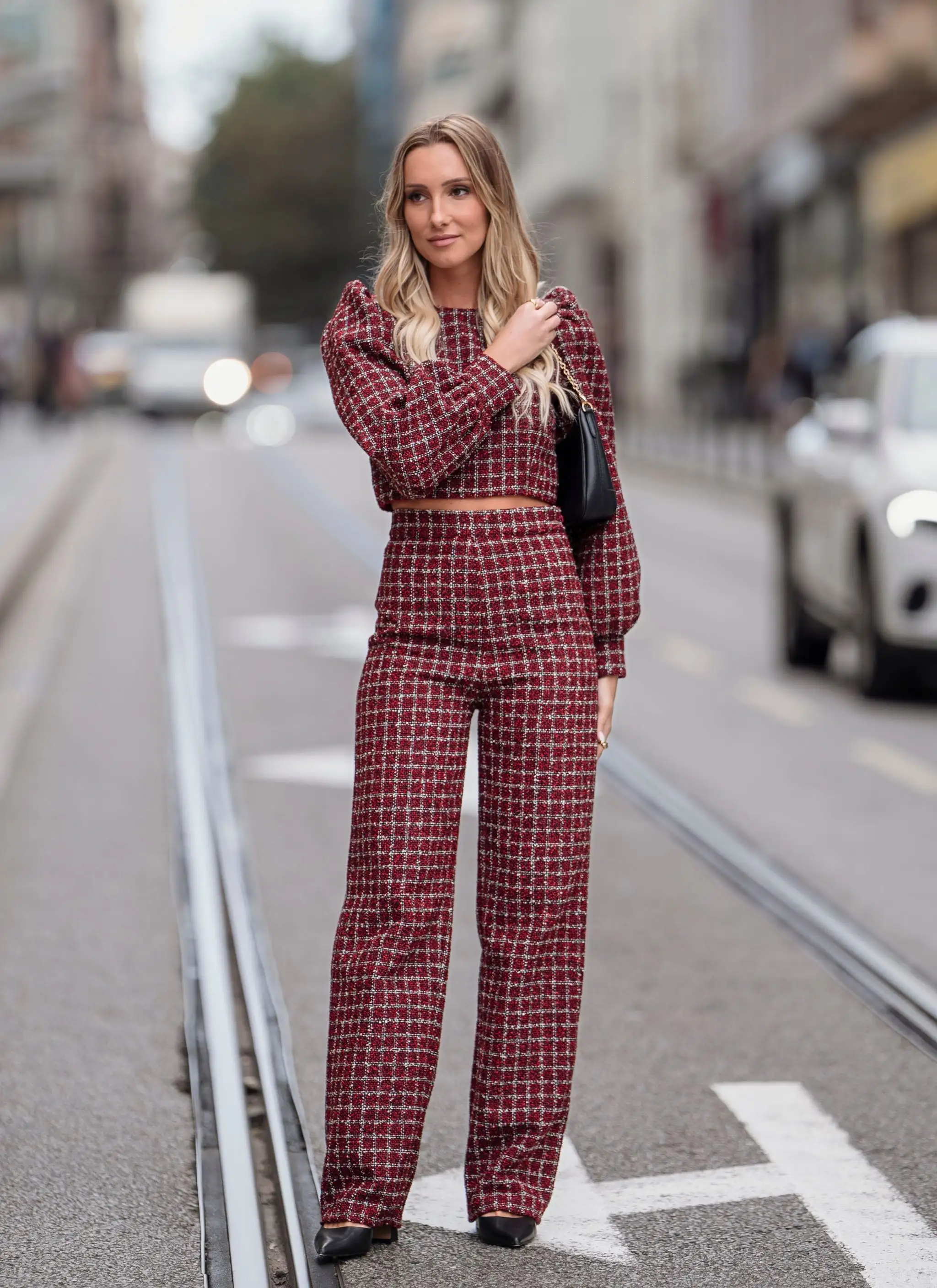 Pantalón largo de tweed rojo