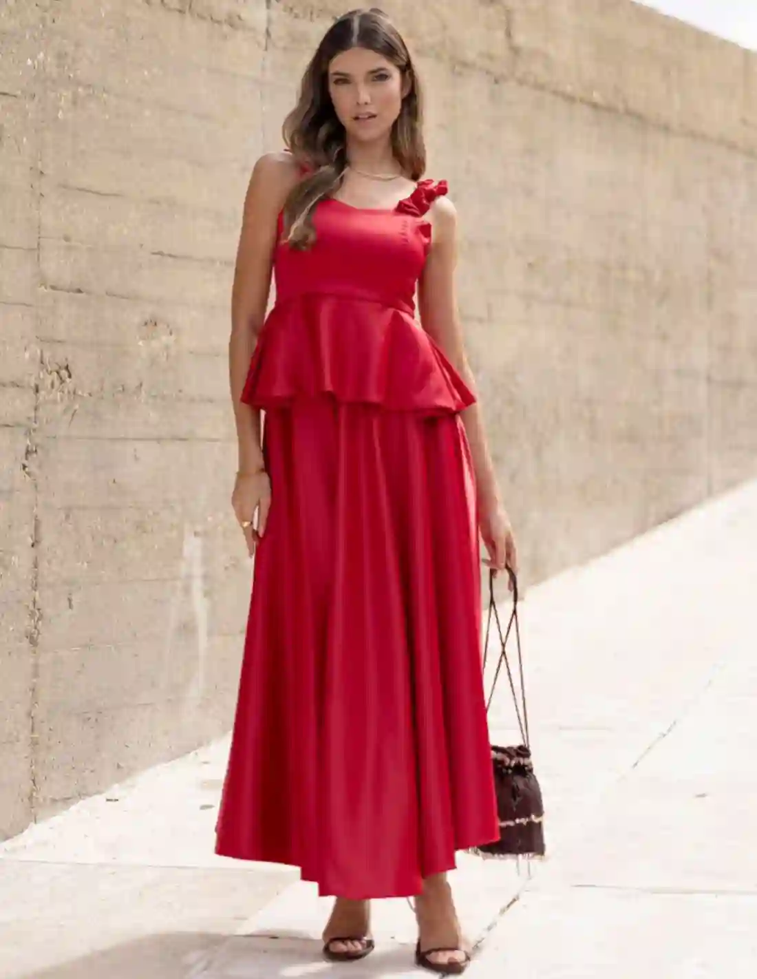 Red midi skirt with pockets and side closure