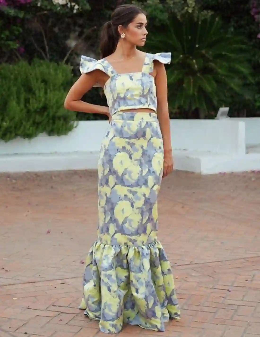 Falda larga jacquard en azul y amarillo