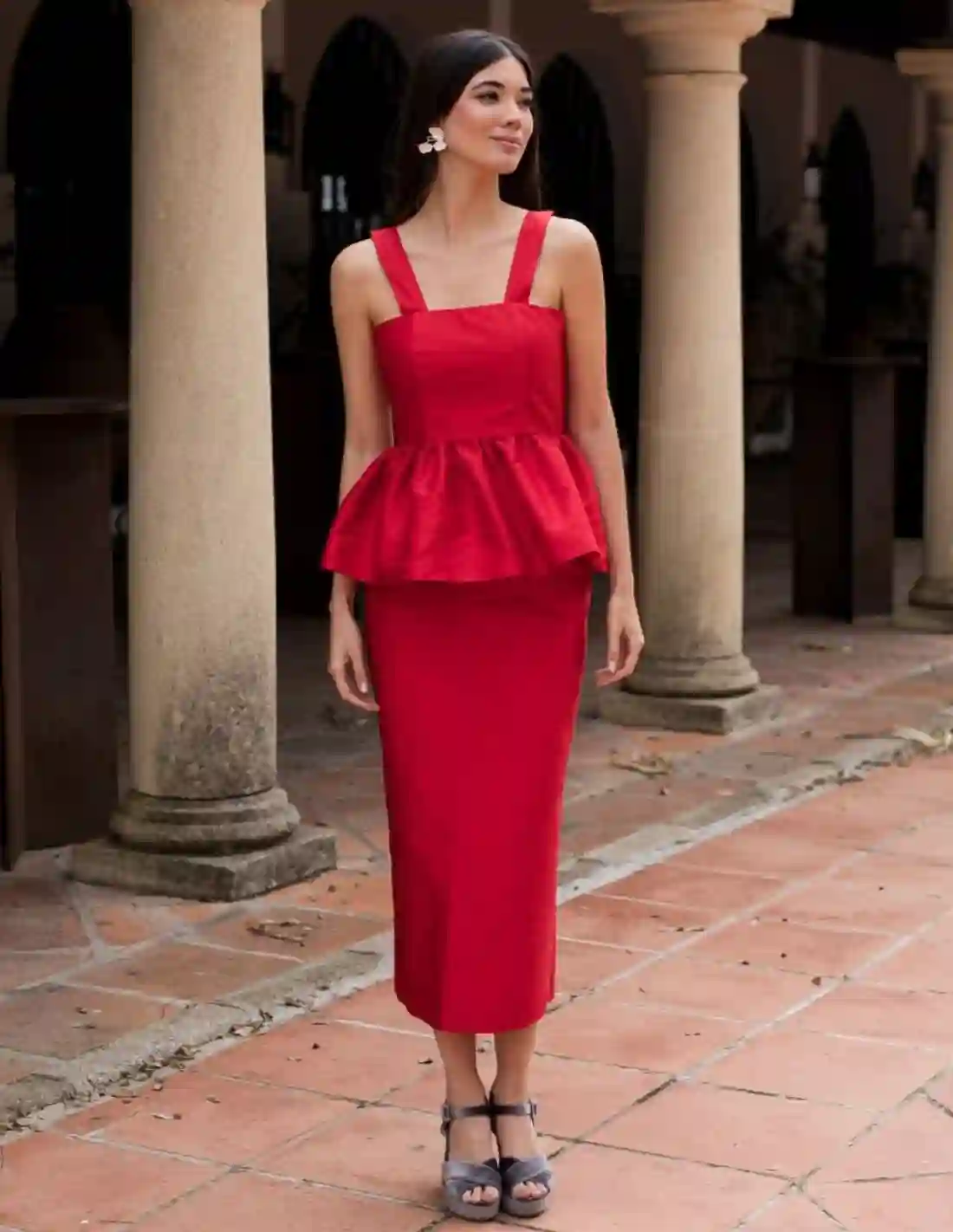 Falda midi recta en tafetán rojo