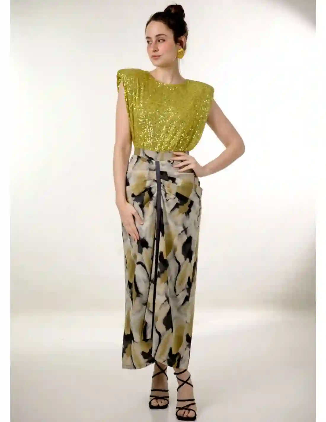 Midi skirt of gauze stamped with frog and lurex tape