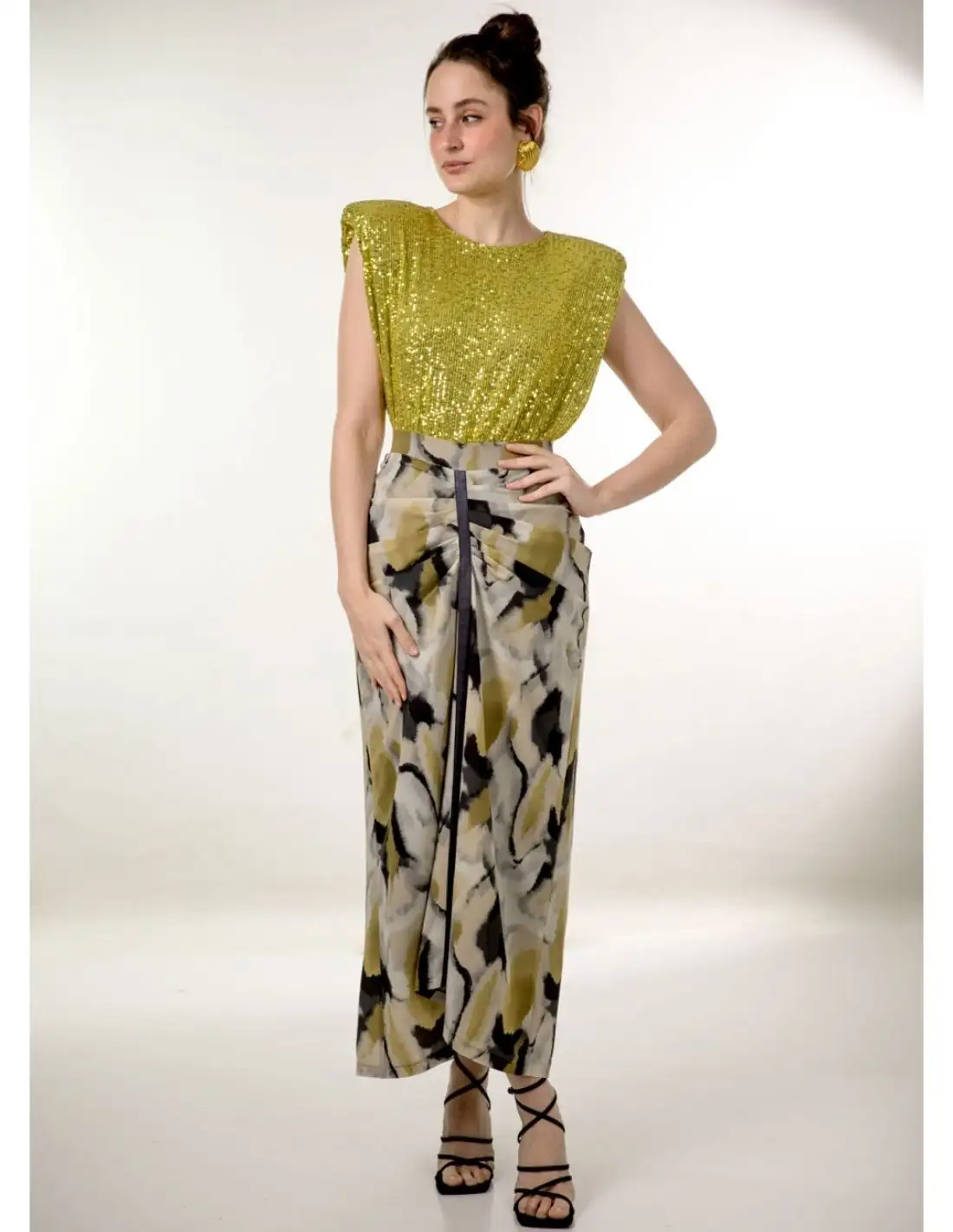 Midi skirt of gauze stamped with frog and lurex tape