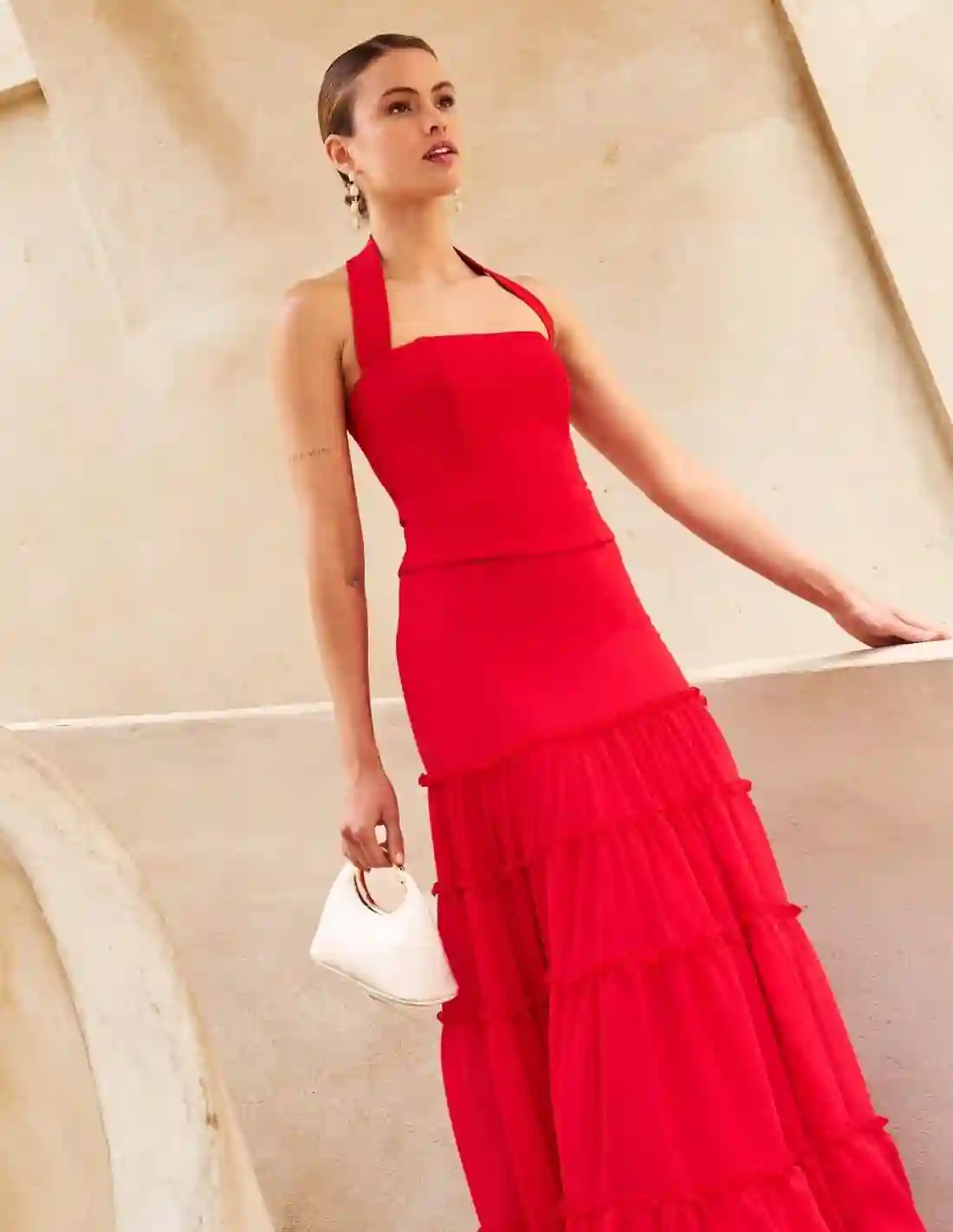 Falda larga de gasa roja