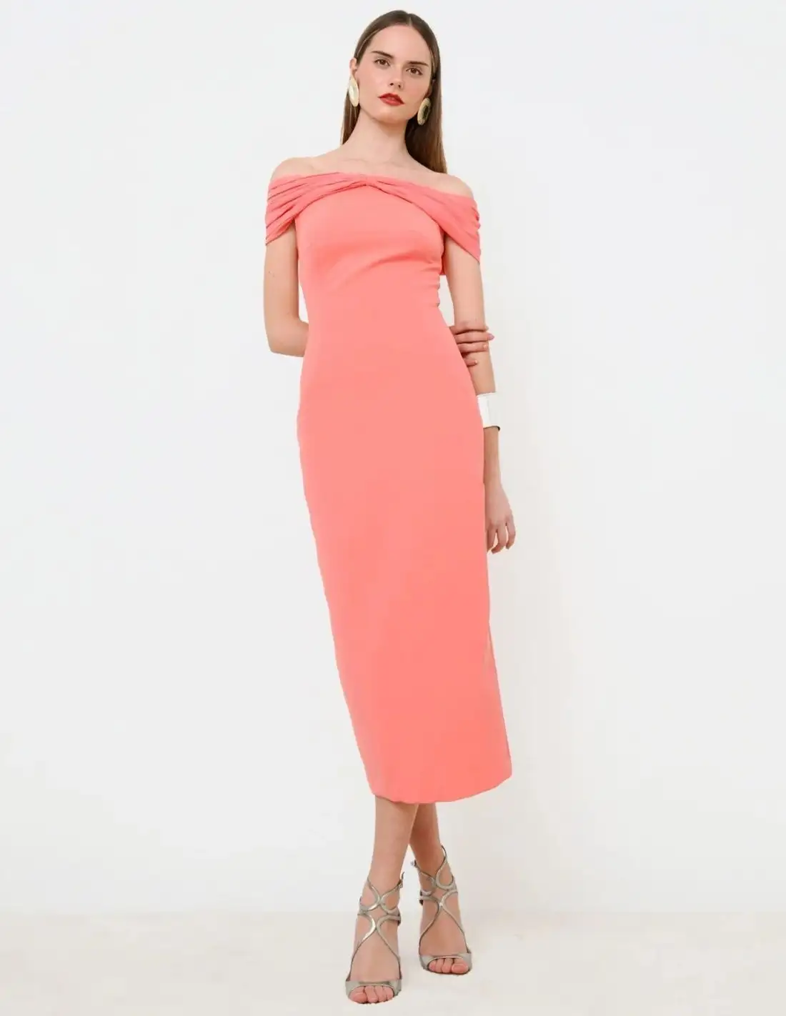 MIDI Coral party dress with a Bandeau neckline