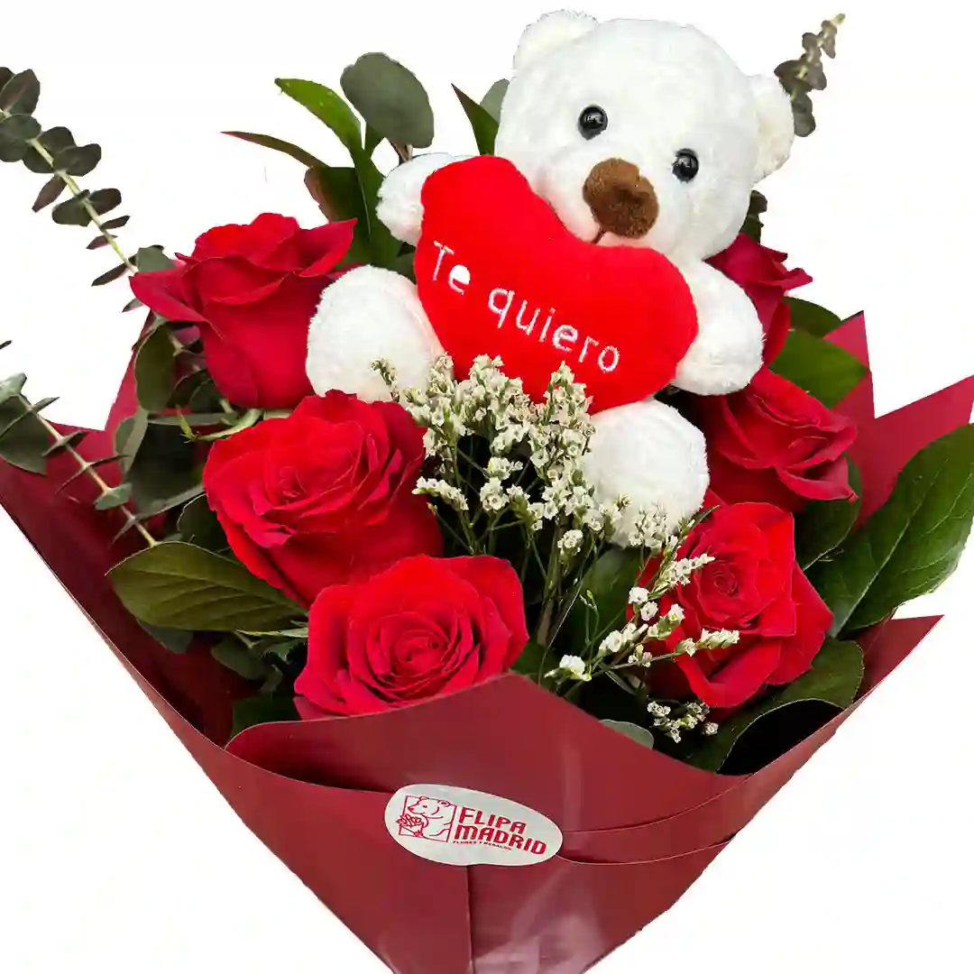 Ramo 6 rosas + oso de peluche chico
