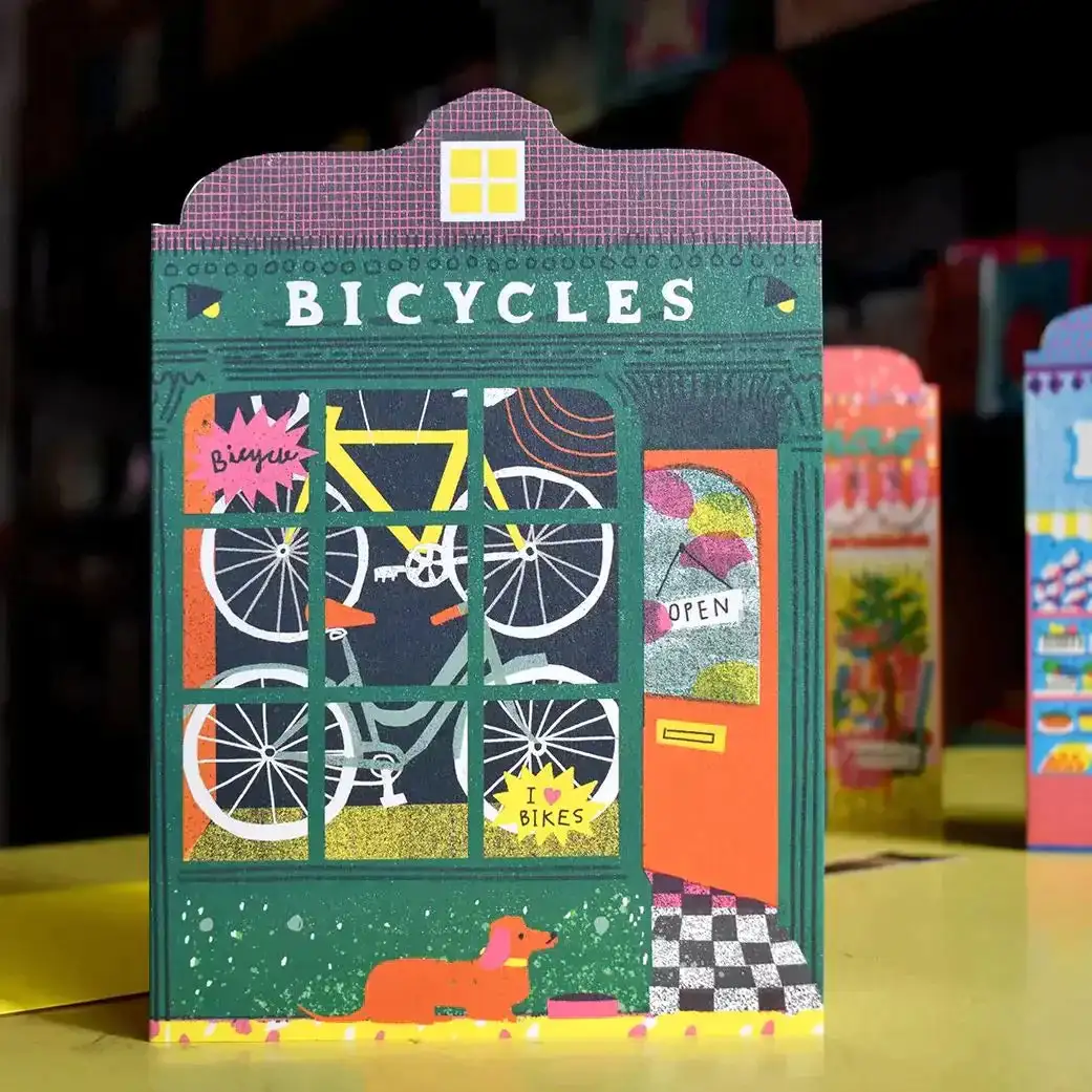 TARJETA TROQUELADA TIENDA DE BICICLETAS - Imagen 2