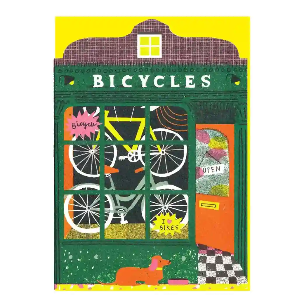 TARJETA TROQUELADA TIENDA DE BICICLETAS