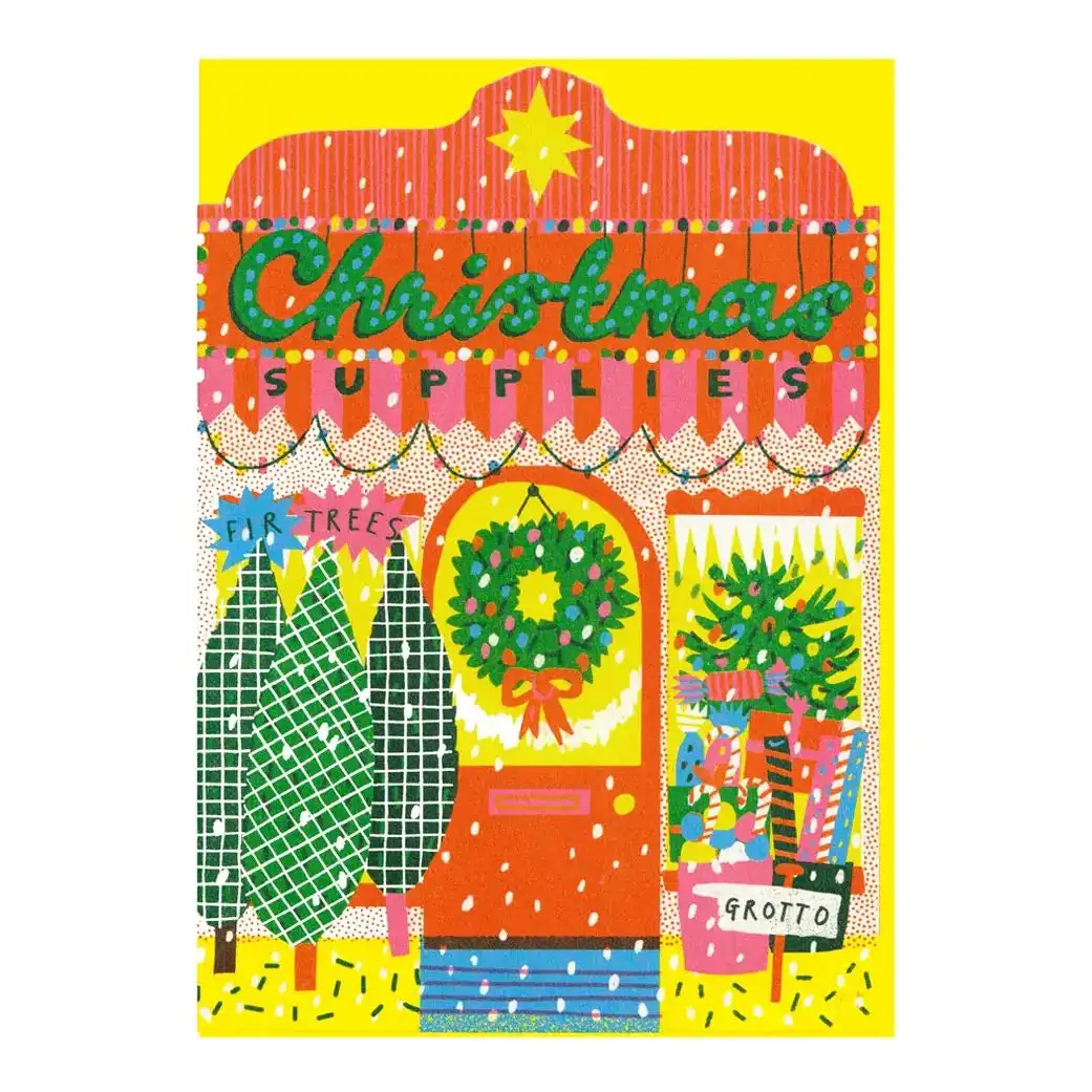 TARJETA TROQUELADA TIENDA DE NAVIDAD