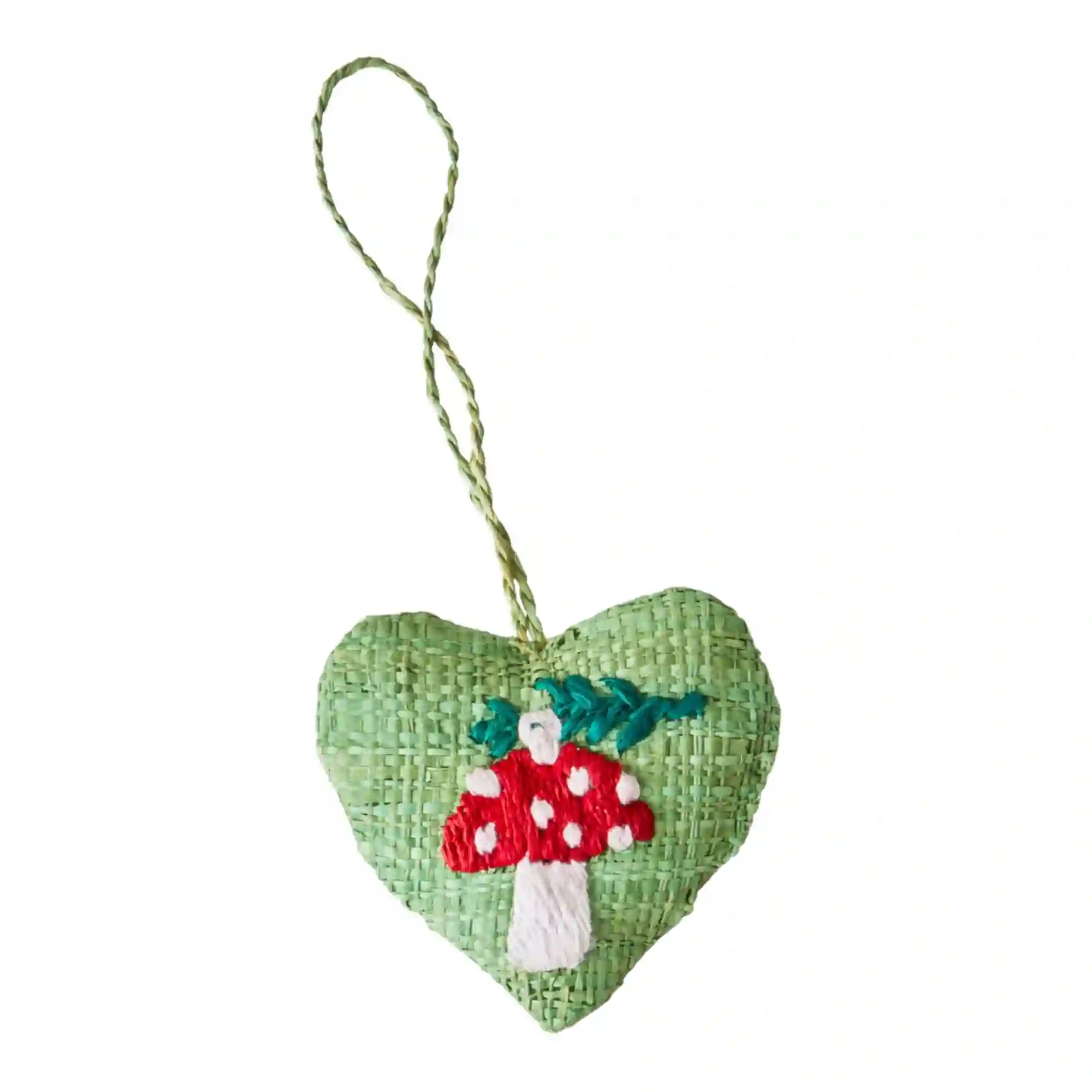 ADORNO DE NAVIDAD DE RAFIA EN FORMA DE CORAZÓN CON BORDADO DE SETAS