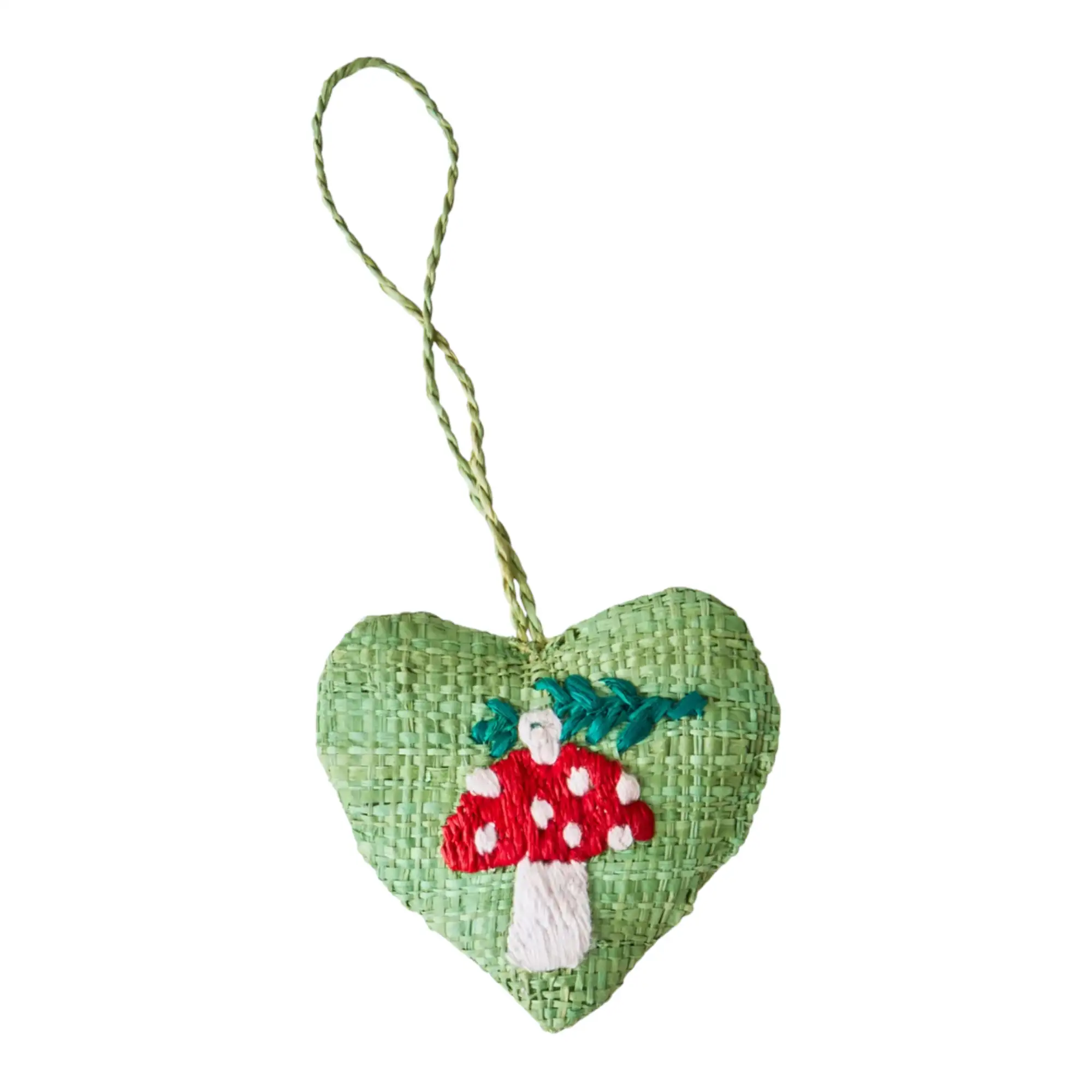 ADORNO DE NAVIDAD DE RAFIA EN FORMA DE CORAZÓN CON BORDADO DE SETAS